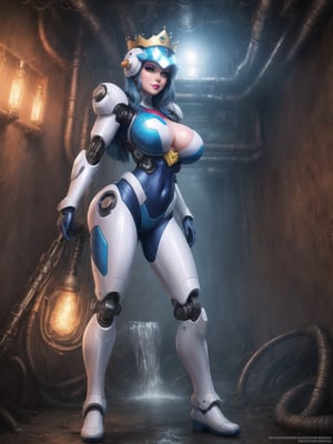 [Princess Peach], has gigantic breasts, wearing mecha suit with blue parts, totally white mecha suit, very tight mecha suit on the body, wearing a (crown+cybernetic helmet), short hair, blue hair, mohawk hair, hair with bangs in front of the eyes, she is in a dungeon, with many pipes, large stone structures, machines, monsters, dirty water waterfall, Super Mario Bros, super metroid, 16K, UHD, best possible quality, ultra detailed, best possible resolution, ultra technological, futuristic, robotic, Unreal Engine 5, professional photography, she is ((sensual pose with interaction and leaning on anything + object + on something + leaning against)), perfect anatomy, ((full body)), More detail, better_hands.