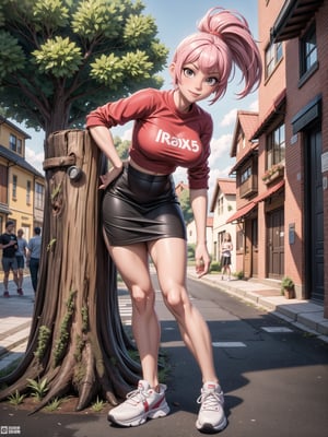 A woman, red shirt without collar and sleeves, very short black skirt, white sneakers, gigantic breasts, wearing cap, pink hair, extremely short hair, rebellious hair, hair with ponytail, hair with bangs in front of the eye, looking at the viewer, (((sensual pose+Interacting+leaning on anything+object+leaning against))), in a small square at night with many structures, banks, trees, lots of people walking, (full body:1.5), 16K, UHD, unreal engine 5, quality max, max resolution, ultra-realistic, ultra-detailed, maximum sharpness, ((perfect_hands):1), Goodhands-beta2