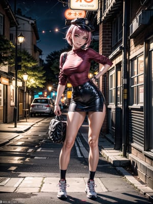 A woman, red shirt without collar and sleeves, very short black skirt, white sneakers, gigantic breasts, wearing cap, pink hair, extremely short hair, rebellious hair, hair with ponytail, hair with bangs in front of the eye, looking at the viewer, (((sensual pose+Interacting+leaning on anything+object+leaning against))), in a small square at night with many structures, banks, trees, lots of people walking, ((full body):1.5), 16K, UHD, unreal engine 5, quality max, max resolution, ultra-realistic, ultra-detailed, maximum sharpness, ((perfect_hands):1), Goodhands-beta2