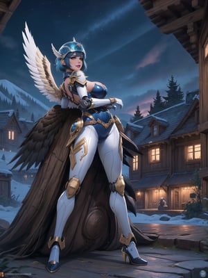 ((An eagle woman_solo)), has gigantic breasts, is wearing mecha+robotic armor with blue parts, totally white outfit, she has ((wings on her back, wearing a helmet)), short hair, blue hair, hair with bangs in front of her eyes, she is in a village on top of the mountains at night, with many stone structures, trees, houses made of wood, large wooden structures, warcraft, 16K, UHD, best possible quality, ultra detailed, best possible resolution, ultra technological, futuristic, robotic, Unreal Engine 5, professional photography, she is ((sensual pose with interaction and leaning on anything + object + on something + leaning against)) + perfect_thighs, perfect_legs, perfect_feet, ((full body)), More detail, better_hands