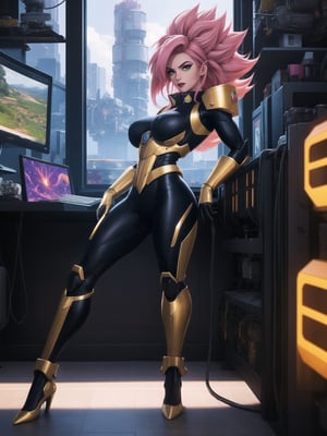 A woman, wearing an all-black mecha suit, a mecha costume with golden parts, a mecha costume with golden lights, a locks suit that is tight on the body, wearing a wick helmet with a transparent visor with lights, pink hair, ((super saiyan hair)), spiky hair, hair that is too short, messy hair, hair with bangs in front of the eyes, (looking directly at the viewer),  she's in a futuristic lab, computers, machines, window showing the city, 16K, UHD, best possible quality, ultra detailed, best possible resolution, Unreal Engine 5, professional photography, she is, ((sensual pose with interaction and leaning on anything + object + on something + leaning against)) + perfect_thighs, perfect_legs, perfect_feet, better_hands, ((full body)), More detail,