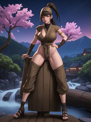 A ninja woman, wearing light brown ninja costume, wearing headdress, white bands tied on arms and legs, gigantic breasts, black hair, hair with bangs in front of her eyes, she is a ninja village in the mountains at night, with many wooden sturras, with a small stream, 16K, UHD, best possible quality, ultra detailed, best possible resolution, ultra technological, futuristic, robotic, Unreal Engine 5, professional photography, she is, ((sensual pose with interaction and leaning on anything + object + on something + leaning against)) + perfect anatomy, better_hands, ((full body)), More detail,