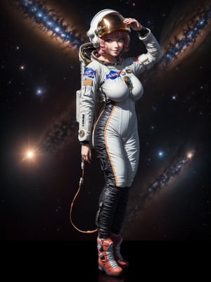 ((full body):2) {((A woman/standing):1.5)}: ((wearing a NASA astronaut suit, with helmet on head with transparent glass):1.5), ((extremely large breasts ):1.5), ((shimmering blue eyes, short pink hair)1.2), ((looking at the viewer with a loving gaze, smile):1.3), ((erotic pose):1.3), \n ((Flying in the outer space, planet earth at the back, NASA space rocket at the side):1.2), anime, anime-style, 16k, ((best quality, high details):1.4), masterpiece, UHD