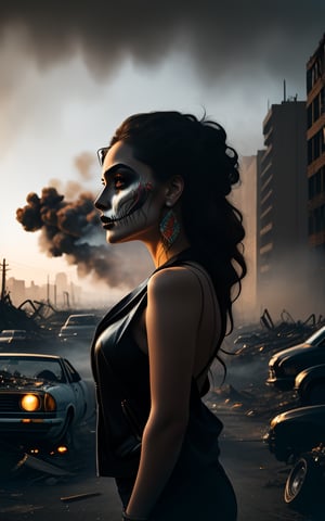 Whispering Horror Core Woman stands at the edge of a ravaged cityscape, her dark, textured hair and clothing blending with the smoky, apocalyptic haze. In a 3/4 view, she gazes out into the distance, her features illuminated by an otherworldly glow. A kaleidoscope of bright paint colors contrasts against the desolate landscape, accentuating her dramatic beauty. Sharp focus and dynamic composition emphasize her powerful pose amidst a backdrop of twisted metal and crumbling concrete. The air is thick with smoke and the whispers of horrors unseen, as Wadim Kashin and Carne Griffiths masterfully weave together graffiti and airbrushing techniques to create an awe-inspiring piece of artstation-inspired concept art.