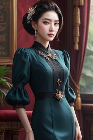 tmasterpiece, Best quality, (Very detailed CG unified 8k wallpaper) (Best quality), (Best Best Illustration), (The best shadow) Yujie’s makeup is neutral yet powerful,Eye makeup is deep and provocative,Eyebrows are long and capable,Lip color is deep and sexy,Exaggerated eyeliner and thick eyelashes make her eyes more lively。Her facial features are three-dimensional and have clear lines,Exudes domineering and confidence。

appearance,She is tall and slender,Elegant temperament,The tall and straight posture exudes a kind of nobility and calmness。Her straight shoulders and slender legs show off her perfect body proportions。

In clothing,She chose elegant items in dark colors,Create a noble yet charming royal sister style。The black slim-fitting dress shows off her graceful figure,Wear it with a pair of heels,Make her more outstanding。meanwhile,Her hair is neatly combed back,Simple and elegant,It further highlights her noble and charming image。
