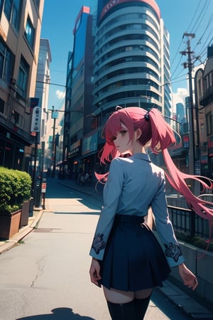 1girl, blue skirt, blue sky, blurry, blurry background, blurry foreground, building, city, cityscape, day, depth of field, house, outdoors, photo background, power lines, road, skirt, sky, skyscraper, solo, stadium, street, thighhighs, town, tree, zettai ryouiki, short twintails, pink hair, tokyo \(city\), japan, masterpiece, best quality, digital art, intricate detail, 