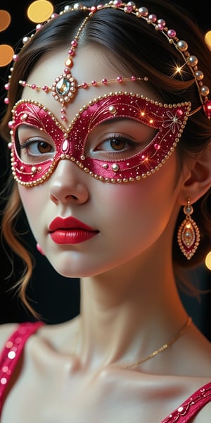 girl in a beautiful mask decorated with beads and stones, in the style of the great gatsby, at a party