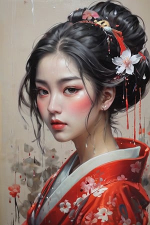 best qualtiy,tmasterpiece,portrait of 1 girl,smudge art,Core pulp（1 Geisha）The drops,Melted,Flower background