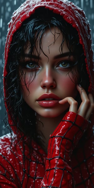 Extreme realistic depiction of a Wet Beauty Under Night Rain, in upper body shot, curvaceous glamorous body, hair hair over one eye,  extremely wet, realistic wet skin texture, realistic wet clothing heavy rain, realistic fabric texture, casual shirt and a spider-man hooded jacket,  crop top, adjusting her wet hair, head tilted slightly down.
Show a few wet hair flyaways around her face, catching the light and adding a natural, slightly messy look.detailed iris patterns in her eyes, with subtle color variations and a bright highlight, glossy texture to her nails, with soft reflections and a natural curve, adding to the overall wet appearance.
Leaning forward slightly with her hand resting on her chin, looking straight ahead with a thoughtful expression.