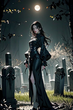 In the eerie glow of a moonlit cemetery, a 20-year-old gothic girl with wild, dark hair and delicate features stands tall, her full body shrouded in mist. Her pale skin seems to absorb the faint light, as if she's a creature of the night itself. Stefan Gesell-inspired brushstrokes bring forth a sense of dark fantasy artistry, where reality blurs with the realm of horror. Gradient backgrounds whisper secrets of the unknown, as our subject's eyes gleam like lanterns in the darkness.,Extremely Realistic