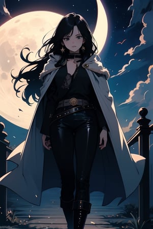 1girl, belt, black hair, boots, cape, black robe, leather pants, feet out of frame, full moon, jewelry, long hair, moon, moonlight, night, night sky, sky, solo, standing, star \(sky\), starry sky masterpiece, best quality,