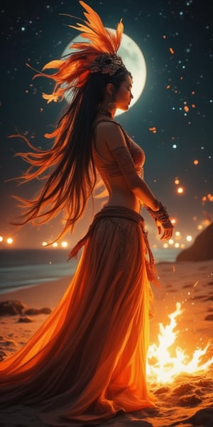 A dancer, adorned with vibrant feathers and jewelry, poses against a warm, charred backdrop on a moonlit beach. Soft flames dance around her feet, casting a golden glow on the dark sand. The night sky above is ablaze with luminous pointillism, as if stars have fallen to earth. Her figure shines like polished marble, illuminated by the fire's gentle light, as the air is filled with the sweet scent of burned wood and ocean spray.