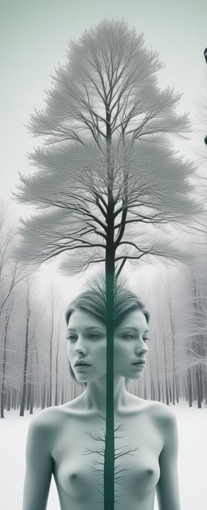 anachronistic double exposure, surreal portrait and snowy landscape mix, snow and trees, sculptural solidity, minimalism, light-silver emulsion, muted green and soft white, photography,<lora:659095807385103906:1.0>