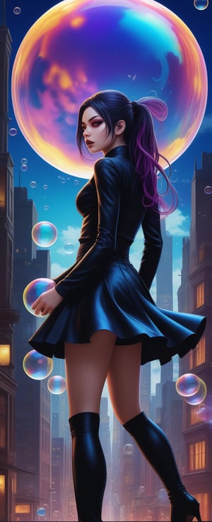 MSchiffer's vibrant illustration depicts an anime villainess amidst a kaleidoscope cityscape. The focal point is her captivating face, framed by floating iridescent soap bubbles and surrounded by swirling colors. Her dark attire contrasts with the electric hues of the urban landscape. A ponytail of fiery locks cascades down her back, held in place by bold gothic makeup. She dons a miniskirt and crop top, exuding confidence as she dominates the cityscape. ((Motion effects: soap bubbles fluttering, hair flowing)) In this mesmerizing scene, League of Legends' dark fantasy meets The Darkest Dungeon's eerie mystique, resulting in an unforgettable visual experience.,<lora:659095807385103906:1.0>