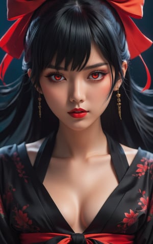 A close-up shot of a mysterious anime girl, skrdef-inspired design, with piercing red eyes and raven-black hair framing her face. Bangs cascading down her forehead, a black kimono draped over her bare back, adorned with a striking back tattoo. She's gazing directly at the viewer, parted lips hinting at intrigue, as she turns to reveal a tantalizing glimpse of her derrière. A fiery red bow adorns her hair, complemented by a matching headgear, as the camera lingers on her enigmatic expression.