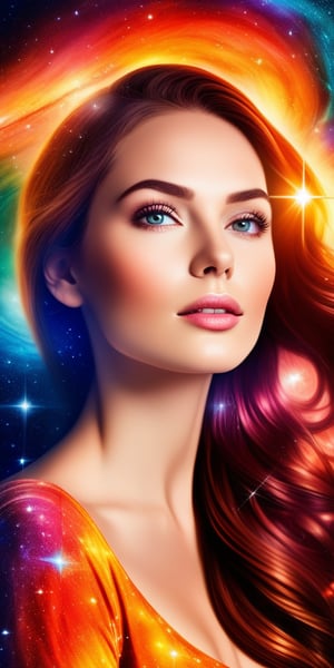 Glass Galaxy 
Create an image depicting  the portrait f a beautiful woman front  of a universe where stars, planets, and galaxies are made entirely of colorful, translucent glass, refracting and reflecting light in dynamic patterns.