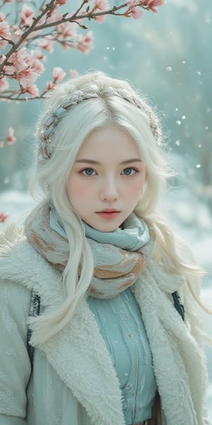 White-haired girl in the illustrative style seen in Ross Tran's work, enveloped in winter clothing, juxtaposed before an uncanny landscape of early spring blossoms, both she and the scenery tinged with strokes of light teal and dark orange reminiscent of Guido Van Helten's technique, close-up framing as if captured by a high-resolution 4K DSLR like the Fujif