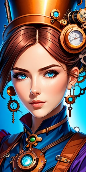 anime-style portrait of a woman with intricate steampunk accessories, vibrant colors, expressive eyes, smooth shading, high contrast, cel-shaded, dynamic lighting, sharp lines, stylized, detailed, artistic