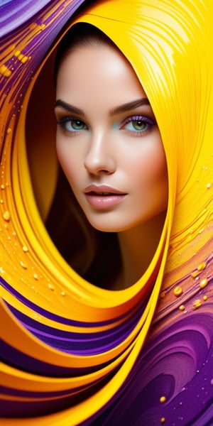 Create a female face that mixes yellow and purple colors with flowing swirling patterns that mimic the natural flow of water. Include a soft gradient that transitions from a soft, light center to more vivid, detailed edges where colors are more saturated and patterns are intricate. The overall texture should resemble marbled paper or ripples on the surface of water, with a play of light that gives depth and movement to the composition.