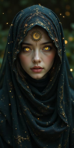 A mysterious figure shrouded in a dark, intricately patterned veil, her beautiful face adorned with a golden crescent moon and constellations. The eyes gleam with an otherworldly light, hinting at the power and secrets held within. A composition that creates a sense of mystery and attraction. The expressions of the figures are unreadable, leaving the viewer guessing at the intentions and stories they hold in their gaze.