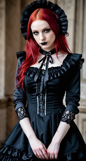 (masterpiece, best quality), 1girl, red hair, medium chest, gothic frill dress, pervert face,