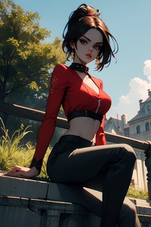 1girl, dark red hair, short ponytail, breasts, brown eyes, building, countryside, railing, crop top overhang, high-waist pants, lips, looking at viewer, midriff, pants, solo, standing, symbol-shaped pupils, sitting, masterpiece, best quality, artgem, digital art ,   madisonbeer, 3d, 3d background,