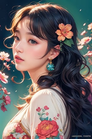 beautiful cute front portrait Korean ninfa, big long curly hair, herbs pastel colors, flowers orange by victo ngai, kilian eng, dynamic lighting, digital art, art by james jean, takato yamamoto, inkpunk minimalism