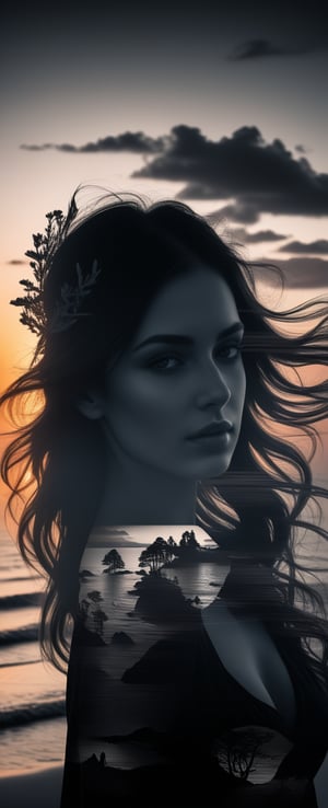 high quality, 8K Ultra HD, A beautiful double exposure that combines an goddess silhouette with sunset coast, sunset coast should serve as the underlying backdrop, with its details incorporated into the goddess , crisp lines, The background is monochrome, sharp focus, double exposure, awesome full color,,<lora:659095807385103906:1.0>