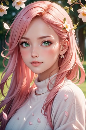 Lady-spring. Long pink hair, green eyes. A slight blush on her cheeks. White sweater. Flower petals. Femininity, attractiveness. Portrait. High quality, high resolution, high detail, soft light and shadows.