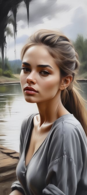 beautiful woman,olpntng style, sketch, charcoal, idyllic scenery, oil painting, heavy strokes, paint dripping