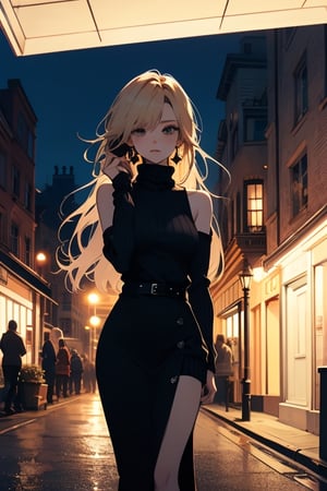 masterpiece, best quality, highres, aarin, long hair, earrings, , sweater dress, ribbed sweater, virgin killer sweater, turtleneck, sleeveless, outdoors, standing, night, street,