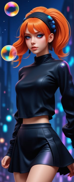 ultra detailed illustration female character, (focus on cute face) anime villain character wearing dark clothes, ultra detailed futuristic city environment, surrounded by iridescent soap bubbles, floating hair, very colorful, lots of colors, vector art by MSchiffer, ((motion effects)), crazy looking villain, league of legends merged with darkest dungeon, ((bold gothic makeup)), dark auburn/ginger  hair in ponytail, miniskirt, crop top ,<lora:659095807385103906:1.0>