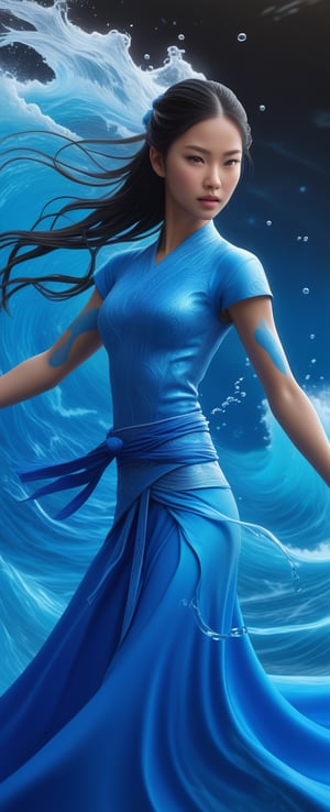 In a mesmerizing oceanic tableau, an Asian woman with striking blue eyes assumes a dynamic martial arts pose ((1.1)). Her ponytail floats serenely amidst swirling water spouts, as she harnesses the power of waterbending. Glossy lips and hyperdetailed facial features shimmer under the soft glow of magical energy. Water slices radiate from her hands like shimmering crescents, while tiny water droplets dance around her face. The surrounding ocean glows with an ethereal light, as if infused with MSchiffer's signature magical aura. In this surreal, ultra-detailed illustration, the waterbender stands at the threshold of a fantastical realm, ready to unleash her elemental powers.,<lora:659095807385103906:1.0>