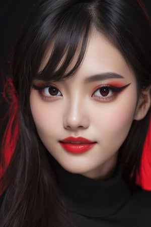 (Best Quality,4K,High resolution),Red highlights on black hair、Woman with long straight hair、sharp eye、Red Eyes、glares、Eyes aiming at prey、Red Eyeliner、red-lips、ssmile、Facial do-up、No unnecessary depictions on an all-black background