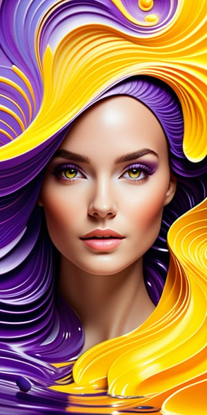 Create a female face that mixes yellow and purple colors with flowing swirling patterns that mimic the natural flow of water. Include a soft gradient that transitions from a soft, light center to more vivid, detailed edges where colors are more saturated and patterns are intricate. The overall texture should resemble marbled paper or ripples on the surface of water, with a play of light that gives depth and movement to the composition.