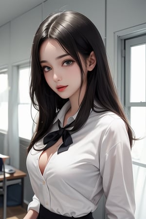 teen, girl, jewelry, School uniform, beautiful eyes, looking at viewer, emotionless, sweat, mind control, anime, in the room, slender, lift up, white bra