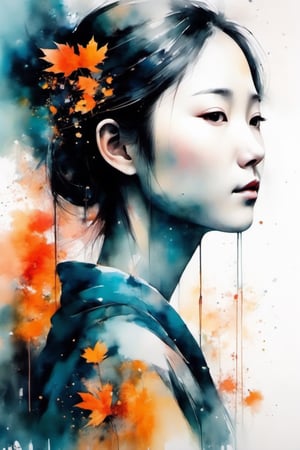 A painting by MSE, A Chinese Woman by Agnes Cecile,（face like fox）,Luminous design,pastelcolor,Ink drops,Autumn lights