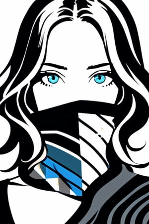 Woman with large expressive eyes, wearing a patterned scarf wrapped around the lower half of her face, covering her mouth and nose, wavy hair that frames her face and partially covers her forehead, in the style of LOISH, grayscale loose charcoal sketch, selective color technique red and blue, drawn with clean line. Masterpiece quality, ultra-detailed, minimalistic yet expressive and elegant, professional, sleek, expressive