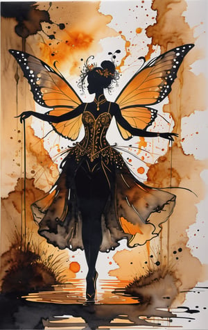 Silhouette Art, breathtaking ( absurdres divine aesthetic  FaeTastic extravaganza alcohol ink sketch). amazing, fine, detailed, masterpiece, lovely, charming, awe-inspiring, radiant, magnificent. (all dark hues and fine vibrant orange glowing smoldering accent and shiny gold color scheme:1.02). glossy.
  . award-winning, professional, highly detailed . extremely high-resolution details, photographic, realism pushed to extreme, fine texture, incredibly lifelike, high contrast, well defined .