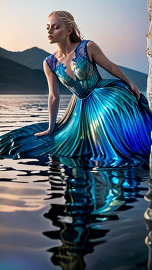 Shallow pool of iridescent water reflects vibrant blue light, casting an otherworldly glow on the model's porcelain skin. Kneeling in the watery shallows, she wears a delicate, lace bodysuit that appears almost translucent in the soft luminescence. Her hands rest gently on her thighs as she contemplates the ripples, her damp blonde locks spilling like silk over her shoulders. The dark, mysterious backdrop provides a striking contrast to the shimmering water droplets, creating an enchanting, dreamlike atmosphere.