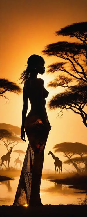 Exotic goddess silhouette emerges from the golden light of an African safari savannah sunset, cape flowing behind her like a dark mist. Intricately detailed, bokeh-lit geometric patterns dance around her alluring figure, as if infused with mystique. Steve McCurry's vivid realism meets Minjae Lee's surreal mastery in this stunning, double-exposed masterpiece.