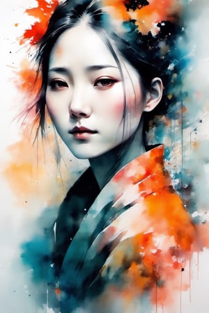 A painting by MSE, A Chinese Woman by Agnes Cecile,（face like fox）,Luminous design,pastelcolor,Ink drops,Autumn lights