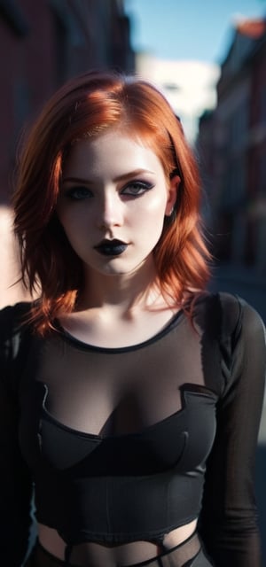 Dark shot, city street, pastel goth, sexy goth girl, photo of cute 24 years old redhead woman, cinematic shot, hard shadows, photorealistic, cute face, looking at viewer