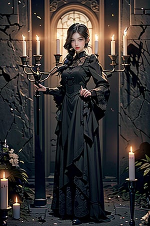 ((top quality)), ((masterpiece)), full body image of a young vampire woman, (( in a old and dark the crypt of a cemetery, holding a candelabra with candles)) gothic woman, very pale, dark shadow around his eyes, black old lace clothes with intrincate details, black long hair collected in a ponytail, wide black pamela, intricate details, highly detailed light gray eyes, highly detailed mouth, cinematic image, illuminated by soft light,photo of perfecteyes eyes