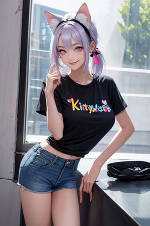 a girl posing next to a window and a shirt with the text "KITTY HUB", 1girl, purple eyes, shirt, shorts, smile, black shirt, white hair,  short shorts, long hair, ponytail, heart, jeans shorts, breasts, looking at the visor, short sleeves,  solo, smile, blue shorts, denim, animal ear fluff, hair bow, neon,