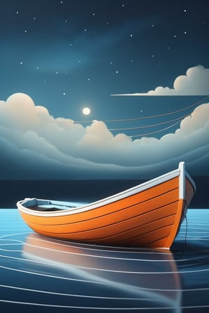 animation about a Boat, in the style of dark white and orange, minimal design, realistic painted still lifes, cartoonish innocence, dark sky-blue and white 