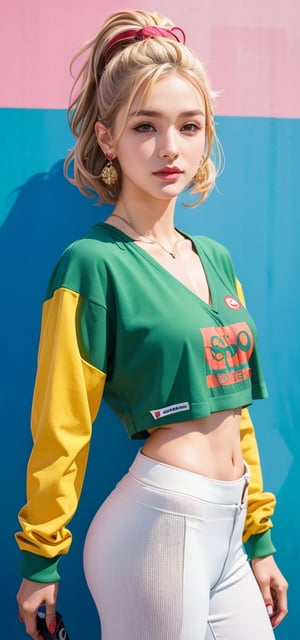 A moody shot of a 1998 European blonde hip-hop girl wearing Sachin Teng's design and Supreme logo, posing confidently against a vibrant green backdrop. Asymmetrical geometric shapes and bold graffiti cover her stylish outfit, blending street art with high-end fashion. The girl's athletic physique and designer accessories exude an air of attractiveness, as she strikes a pose that commands attention.