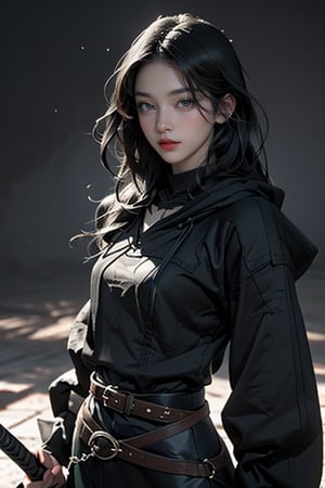 The image depicts a portrait of a woman in a fantasy style, and looking directly at the viewer. long black hair and is wearing a hood, a belt, and is holding a weapon. The background is not clearly defined, focusing solely on the character. The style is detailed and realistic, with a strong emphasis on the character's features and attire. The lighting is dramatic, casting shadows on her face and creating a sense of mystery and intrigue. (((Black clothes,))), long hair, detailed, realistic, dramatic lighting, centered composition.