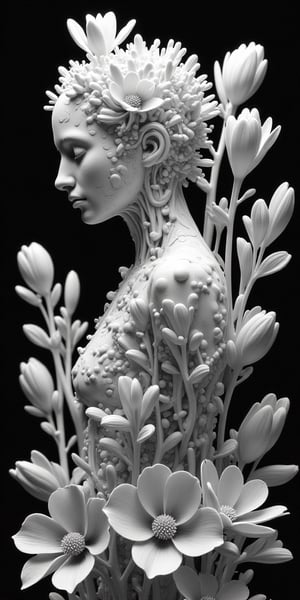 3d woman in flowers with human and flower shaped branches, in the style of medical imaging film., sebastian errazuriz, detailed anatomy, intricate black and white illustrations, michael eastman, rtx on, ballet academia --v 6.0