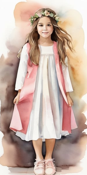 menina de arte em aquarela com cabelo castanho claro longo com franja, em um vestido rosa e tênis branco, lendo uma Bíblia com Jesus ao lado sorrindo de roupa branca.